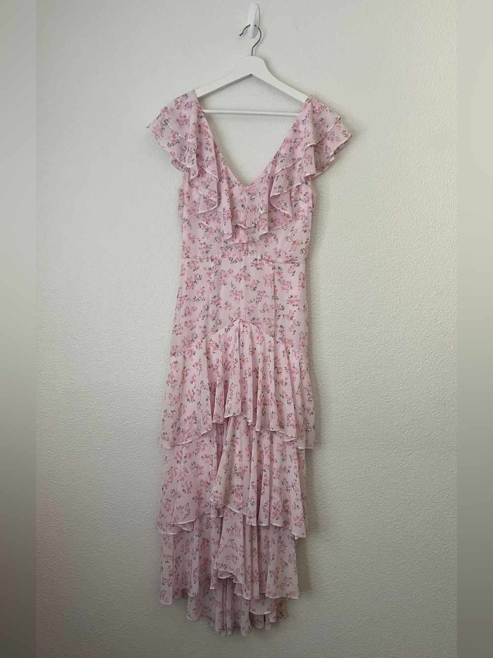 WAYF Chelsea Pink Floral Tiered Ruffle High-Low Maxi Dress Small
